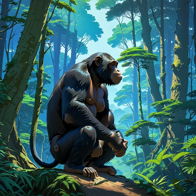 Emotional Anime Art of a Chimpanzee Longing for Love in a Forest