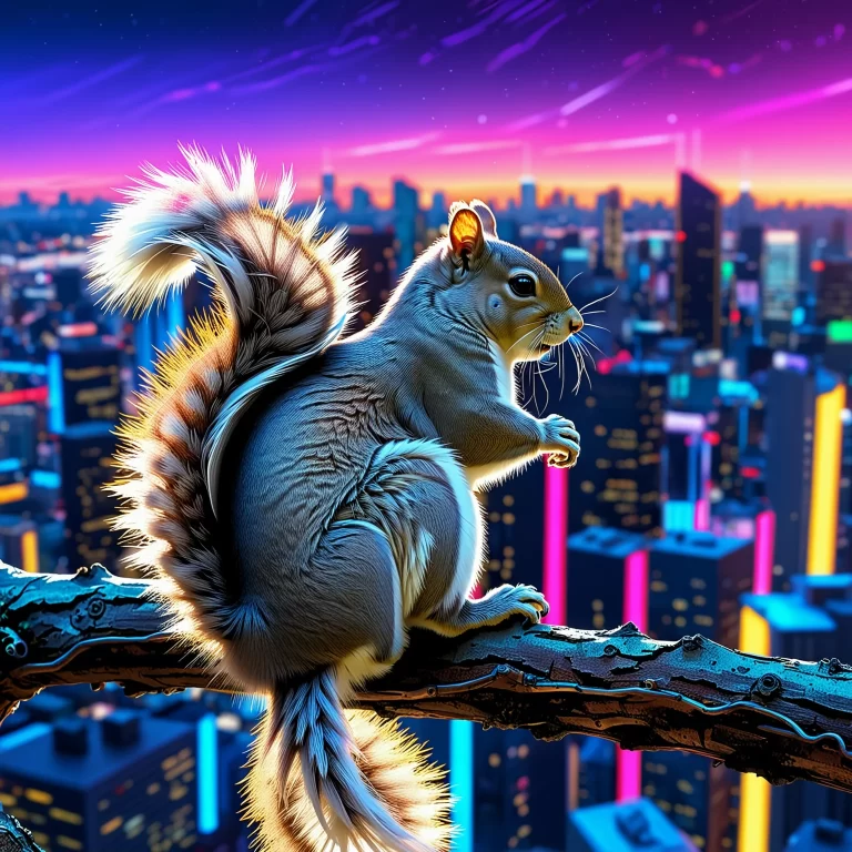 Emotional Neon Anime: Eastern Gray Squirrel in a Cyberpunk City