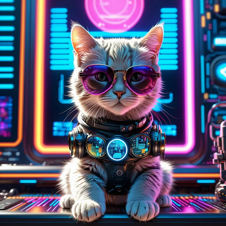 Futuristic Cyberpunk Kitty: Digital Art in Vibrant Holographic Scene