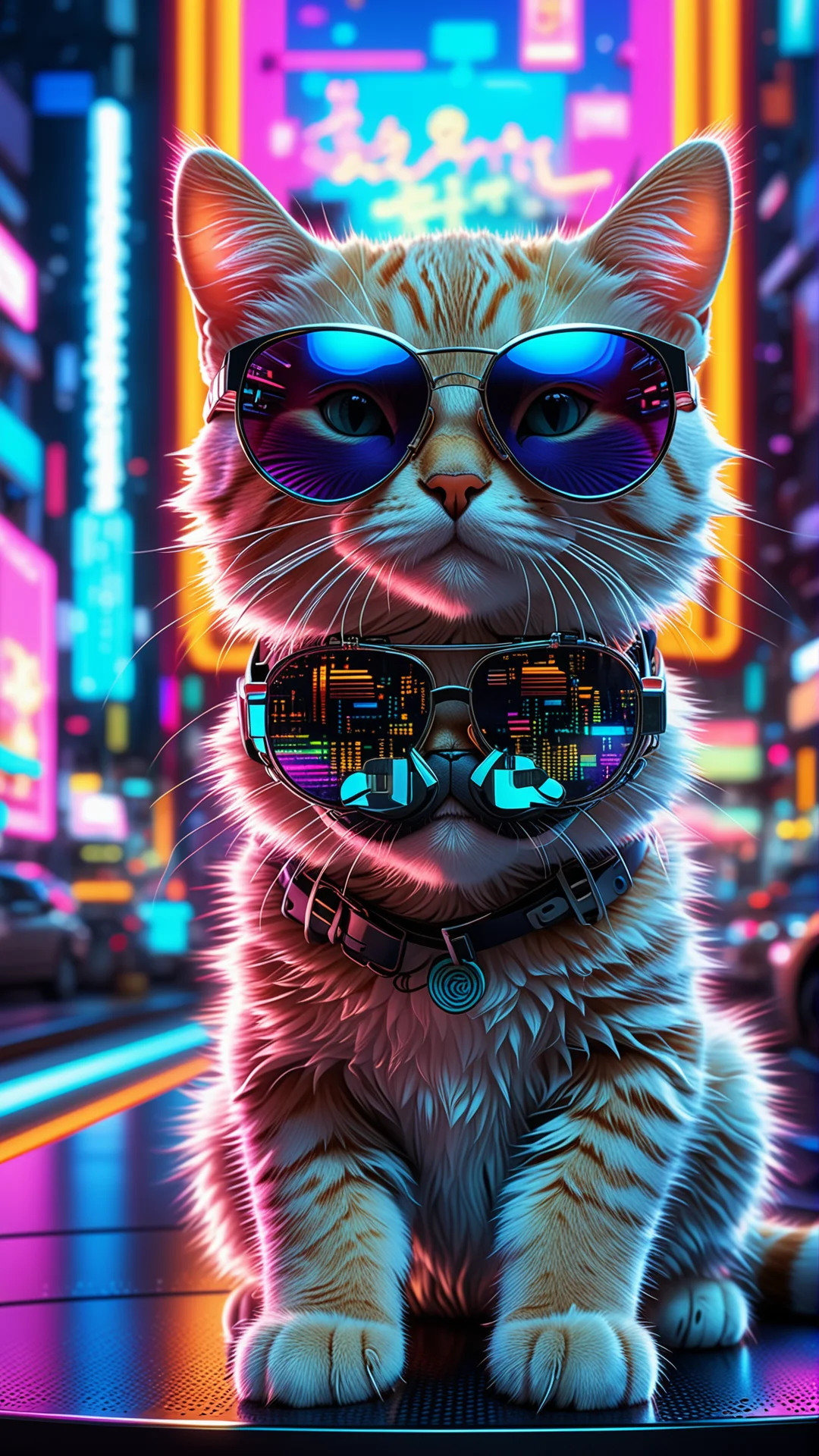 Futuristic Cyberpunk Kitty: Digital Art in Vibrant Holographic Scene