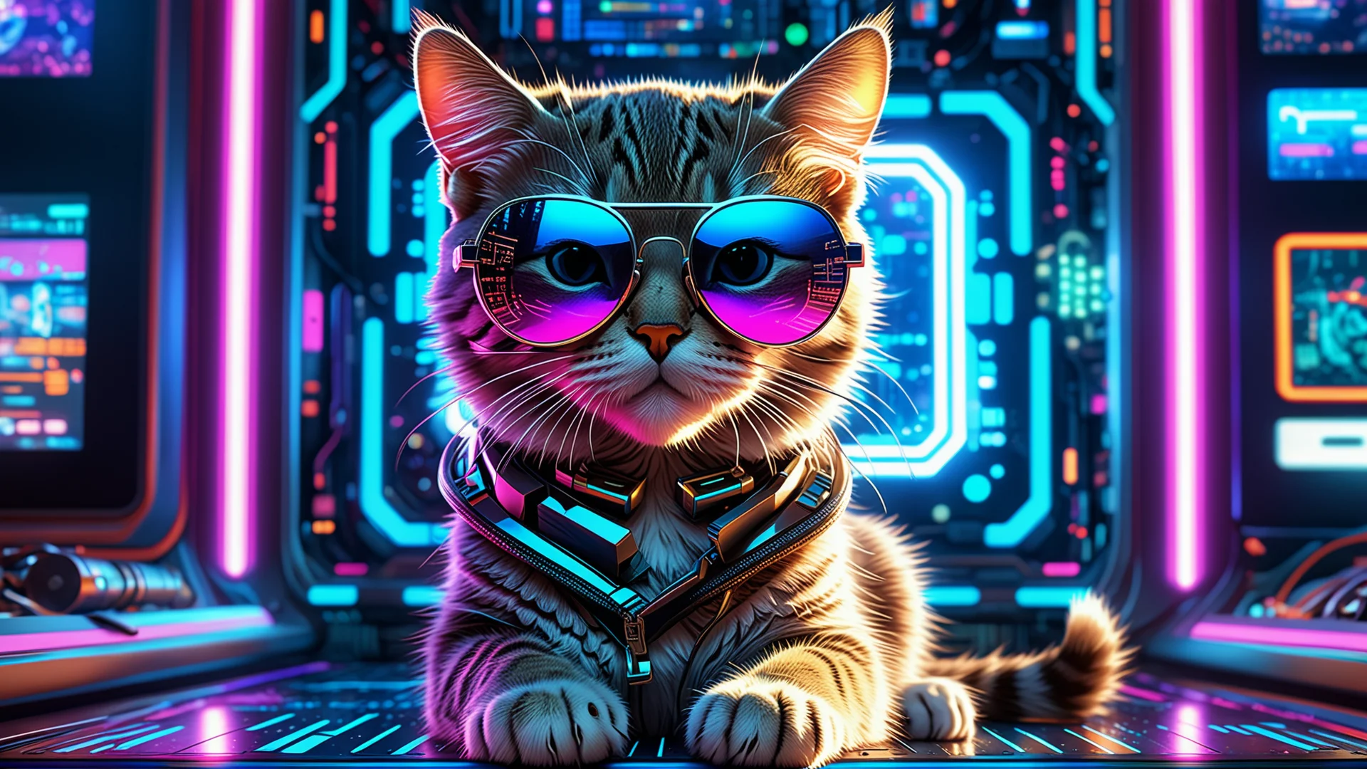 Futuristic Cyberpunk Kitty: Digital Art in Vibrant Holographic Scene