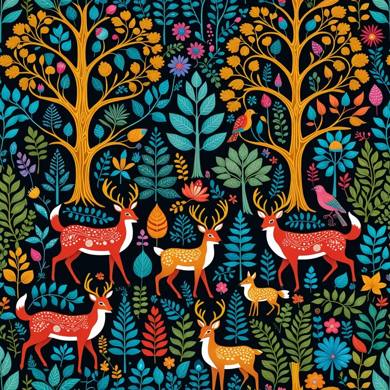 Whimsical Forest Illustration: Enchanting Folk Art in Vivid Detail