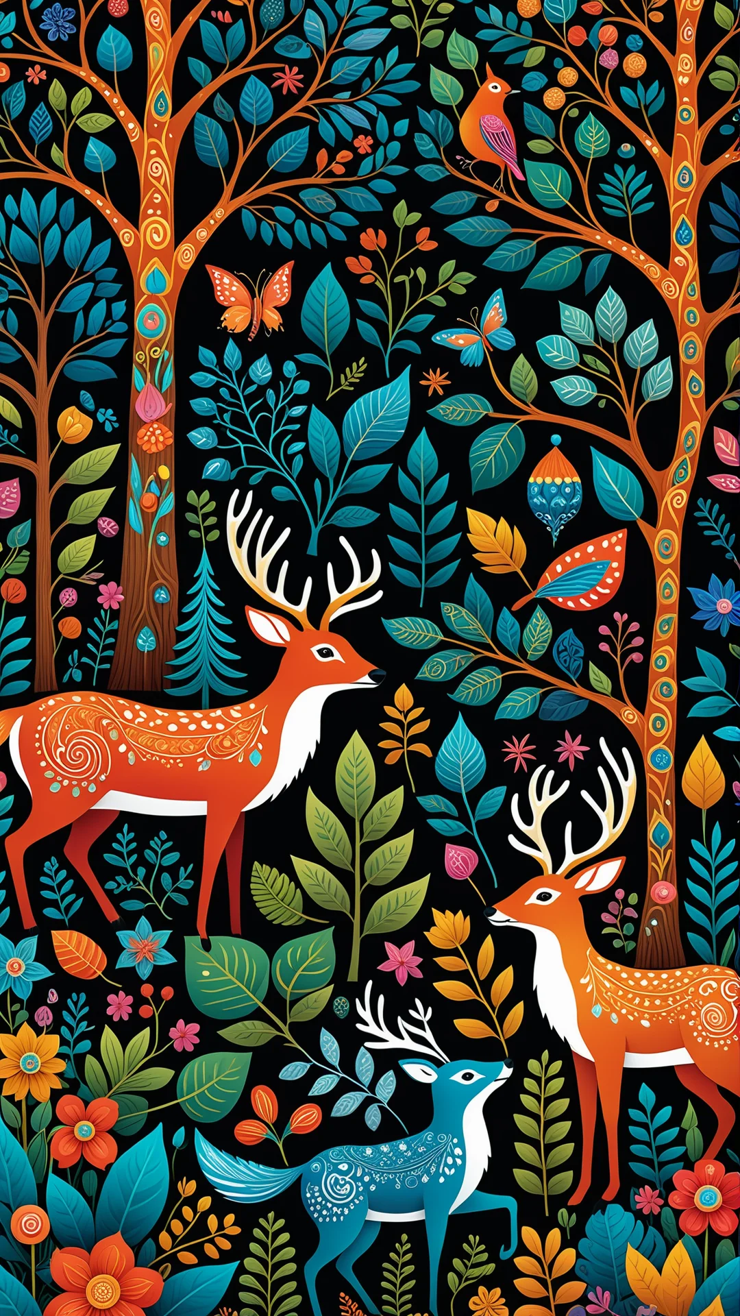 Whimsical Forest Illustration: Enchanting Folk Art in Vivid Detail