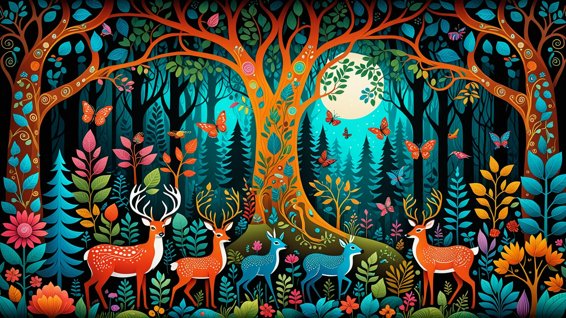 Whimsical Forest Illustration: Enchanting Folk Art in Vivid Detail