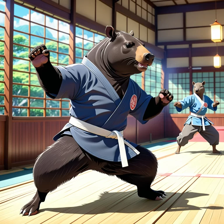 Tapirus Bairdii Karate: Anime Art Featuring Dynamic Action and Colorful Dojo