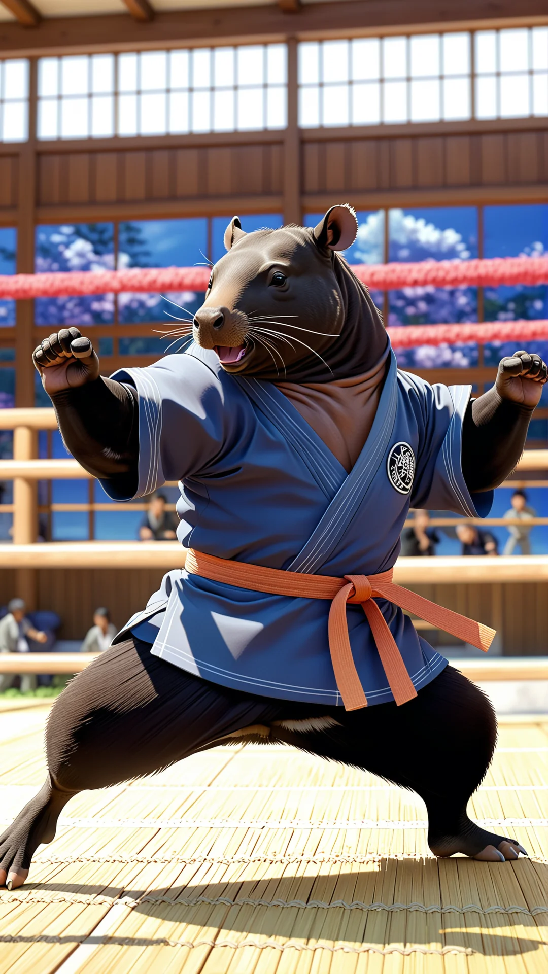 Tapirus Bairdii Karate: Anime Art Featuring Dynamic Action and Colorful Dojo