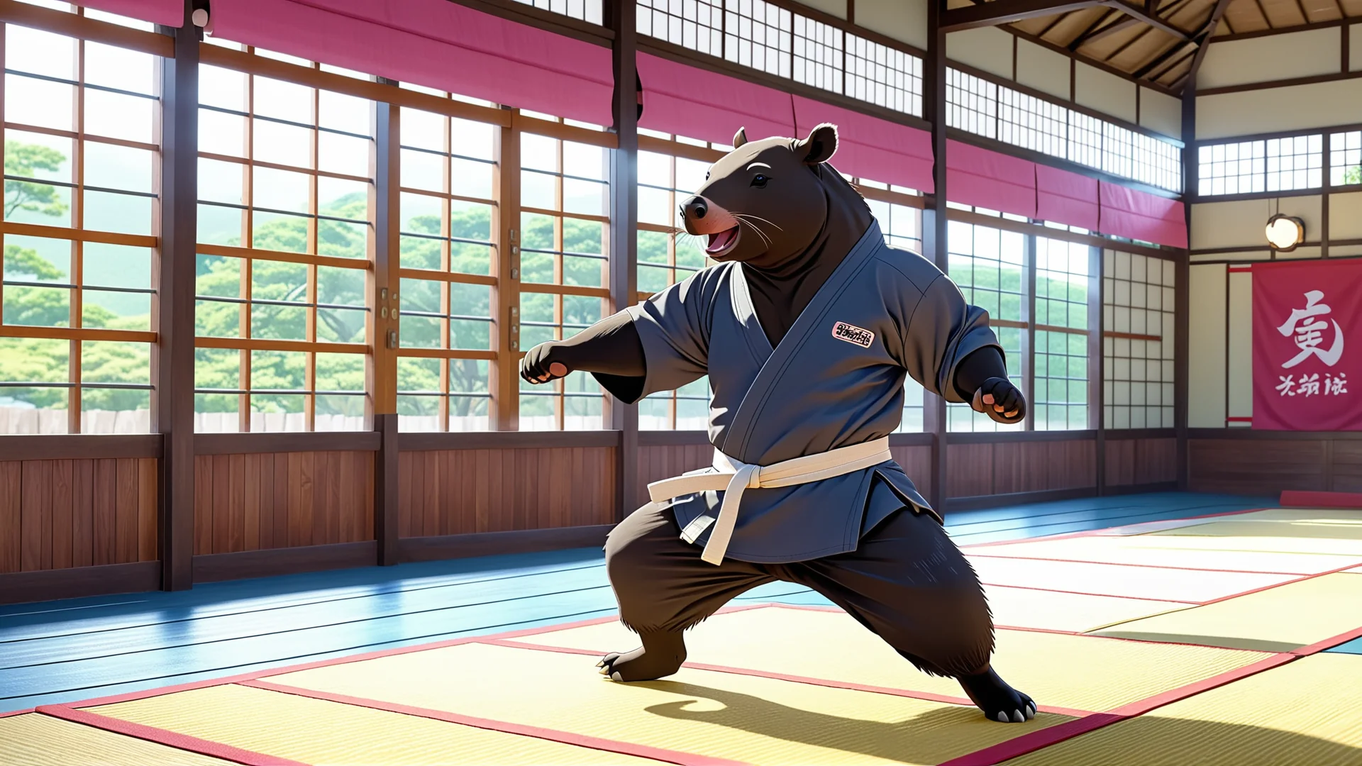 Tapirus Bairdii Karate: Anime Art Featuring Dynamic Action and Colorful Dojo