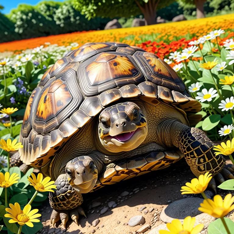 Charming Hermann’s Tortoise in Whimsical Anime Flower Scene