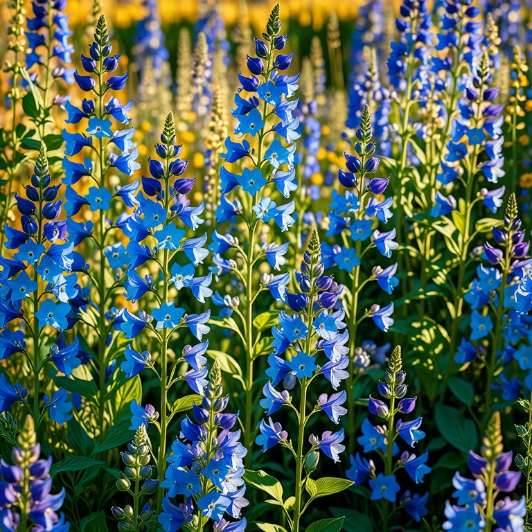 陽射しに映える鮮やかな青いデルフィニウム：モネにインスパイアされた花の風景