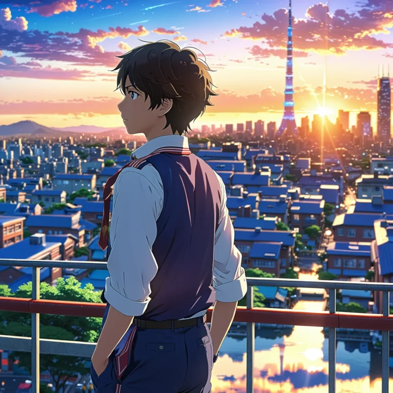 夕日を背にしたアニメの男の子：君の名は。にインスパイアされたアートワーク