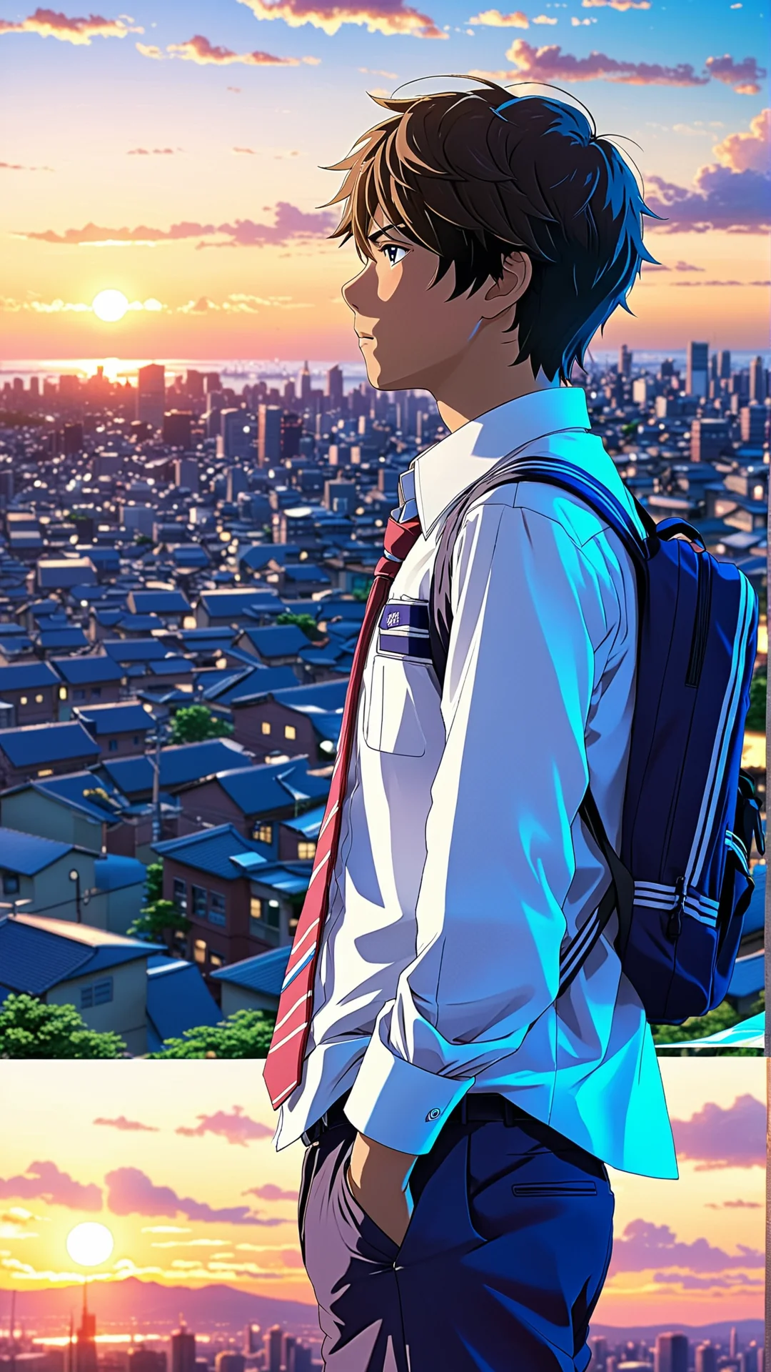 夕日を背にしたアニメの男の子：君の名は。にインスパイアされたアートワーク