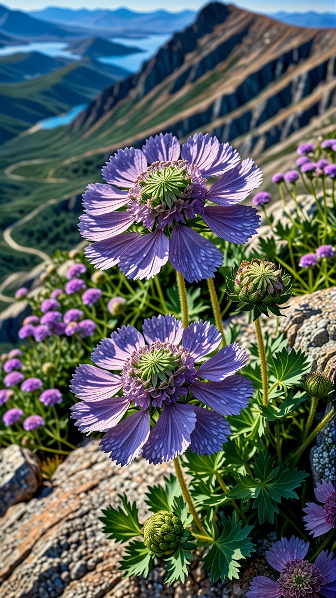 山岳の荒涼とした風景の中に咲く美しいスカビオサの花々 8K